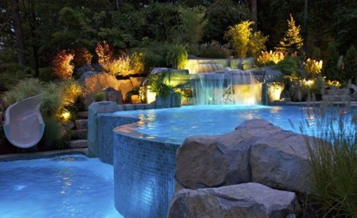 Waterfall waterfalls pools swimming pool stone layered behind homestratosphere natural artificial foliage lush rock article