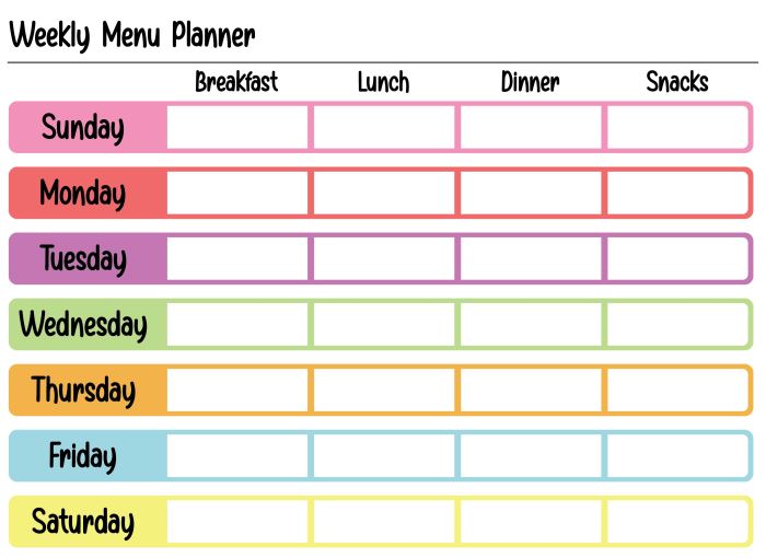 Planning vierge menu semaine