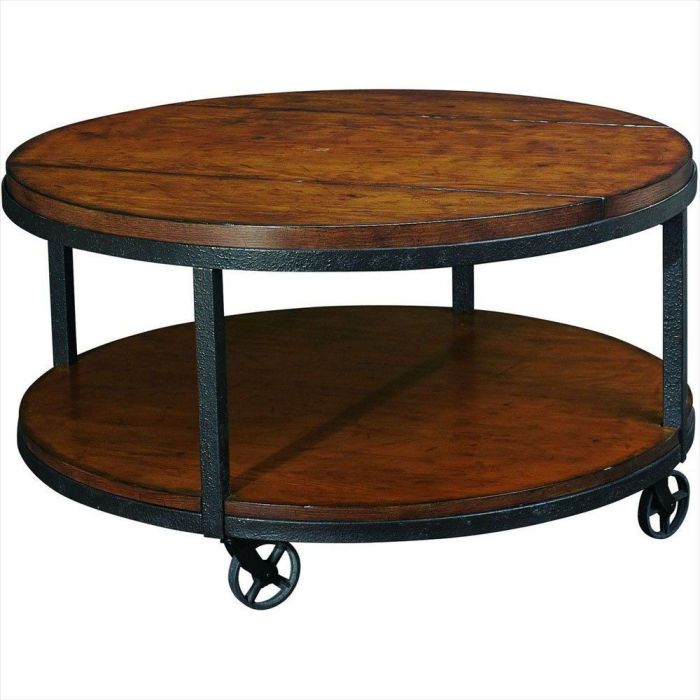 Table coffee round wheels large hammary cocktail industrial tables corners baja rounded wood distressed wide cool furniture warehouse saved castered