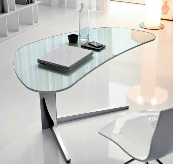 Desk glass office desks modern clear unique shaped contemporary teardrop minimalist white top secretary designs work furniture cristallo flexible table