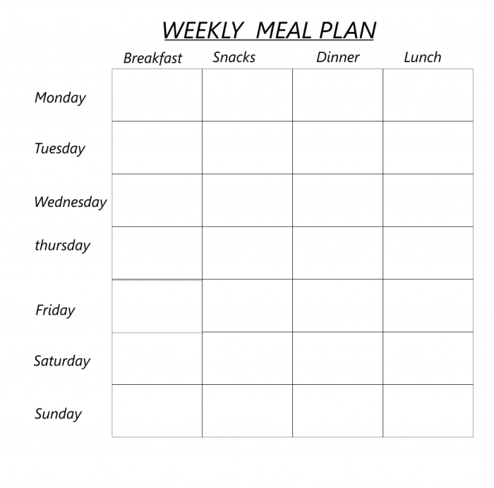 Planning repas semaine vierge